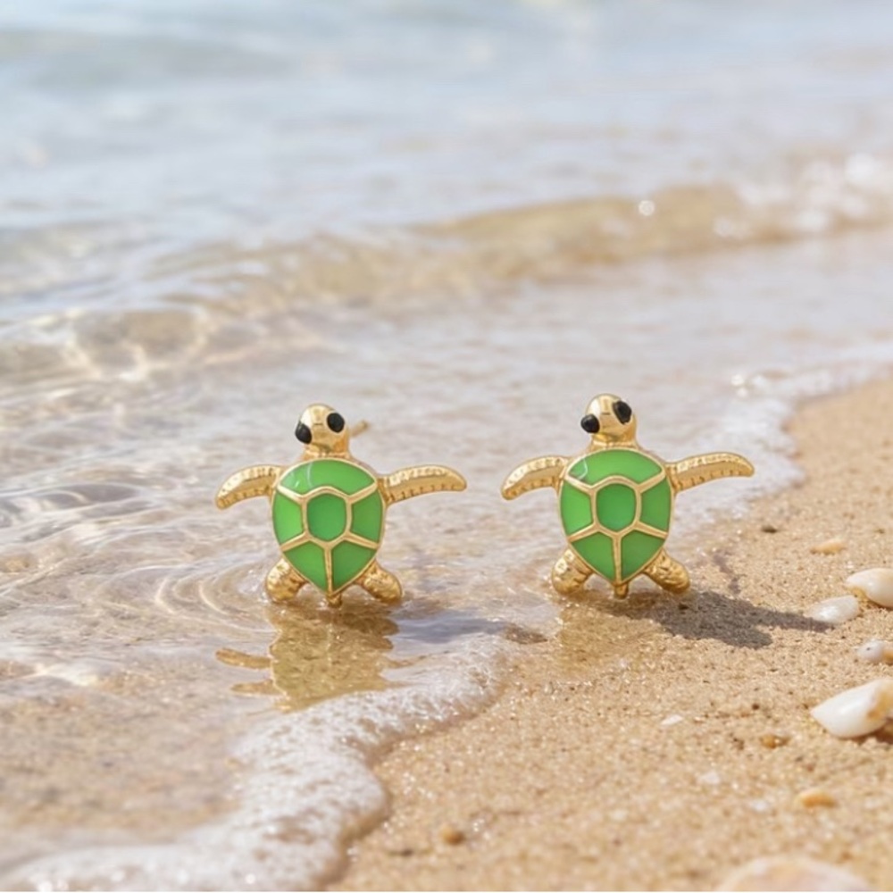 Gold Turtle Stud Earrings with Green Enamel Shell